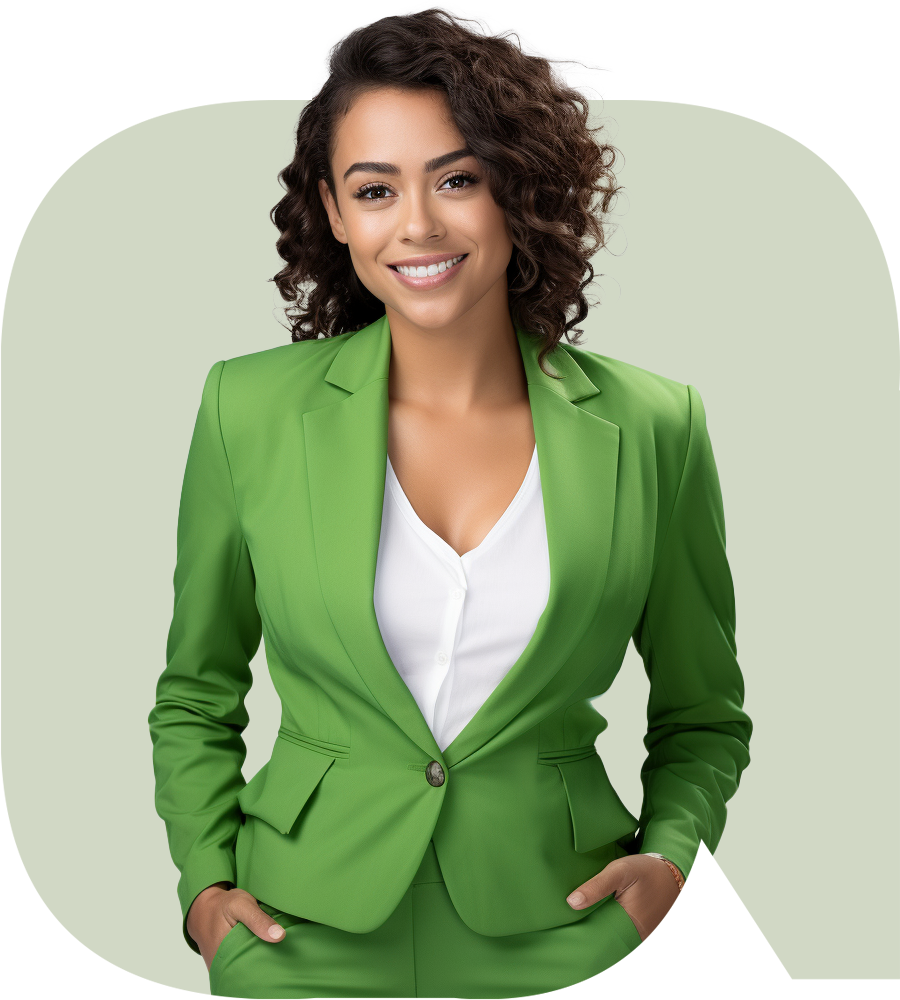 Cliente sorrindo, de blazer verde, com as mãos nos bolsos