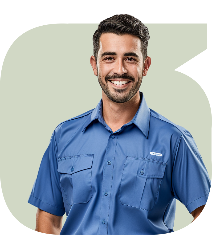 Vendedor sorrindo, de camisa azul de trabalho
